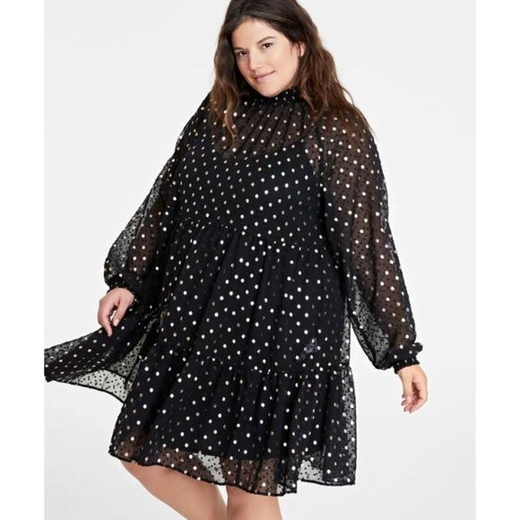 On 34th Women's Metallic Clip Dot Tiered Trapeze Dress in Black/Gold 2x $80 - Picture 2 of 6